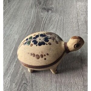 Tonala Mexican Pottery Turtle With Painted Blue Flower Floral Mexico Decor